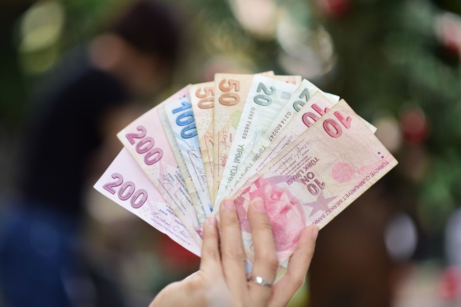 Turkish Lira banknotes and economic charts background