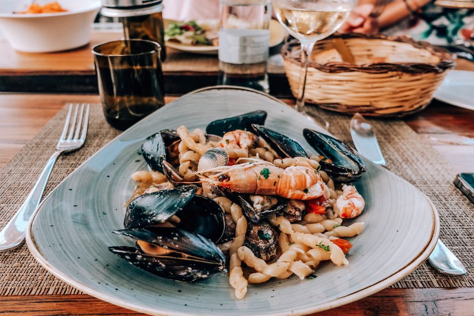 Dubrovnik black prawn pasta seafood dish close-up