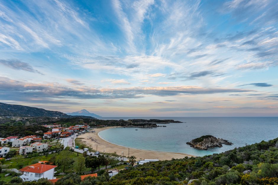 Ierissos Beach Greece sand sea sunset monasteries in distance