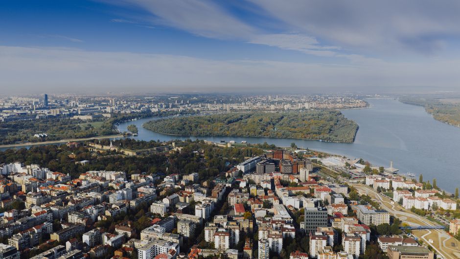 Kalemegdan Fortress Belgrade panoramic view sunset Sava Danube confluence
