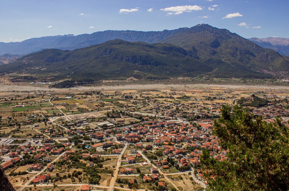 Litochoro Greece town view main street mountain background