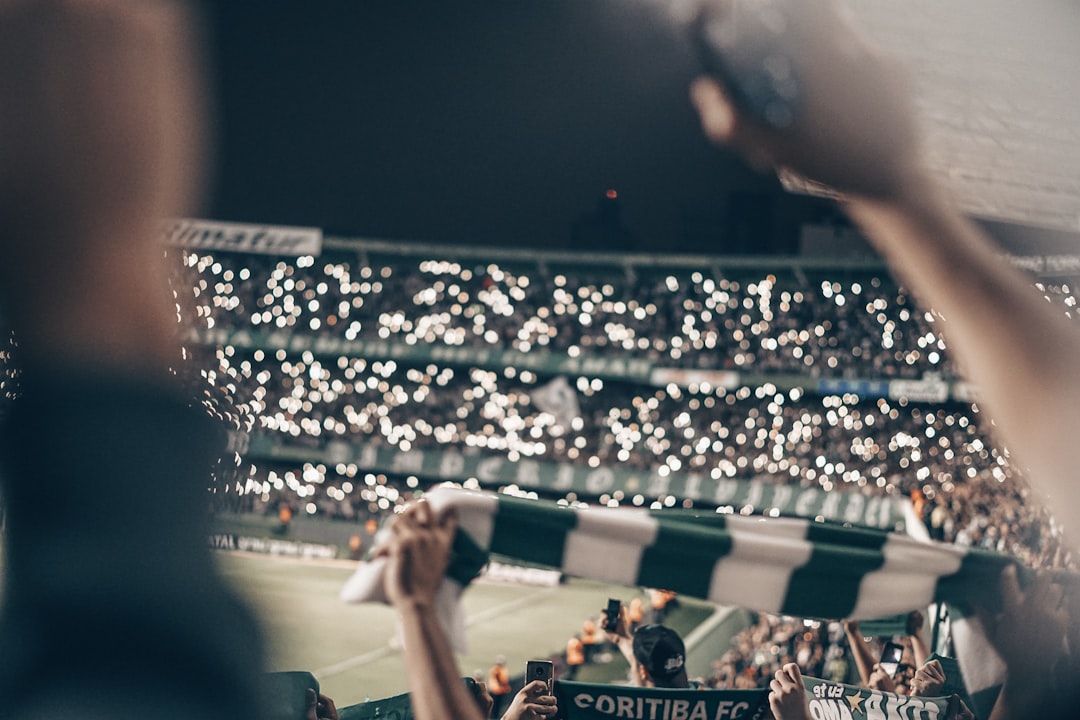 Volleyball fans cheering in stadium with flags