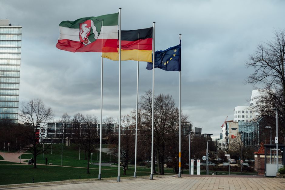 European Union flag and Serbia flag diplomatic meeting