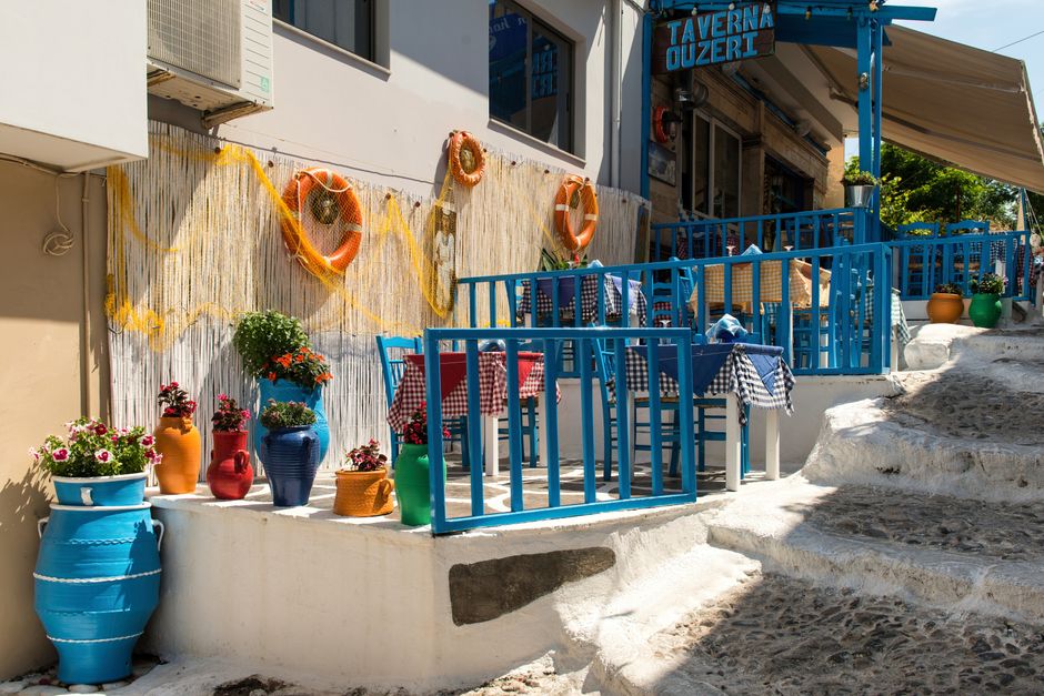 Ouranoupoli Greece taverna outdoor seating evening