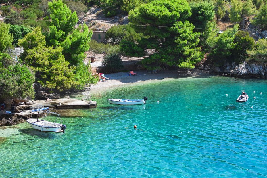 Stiniva Beach Vis Island Croatia turquoise water rocky cove