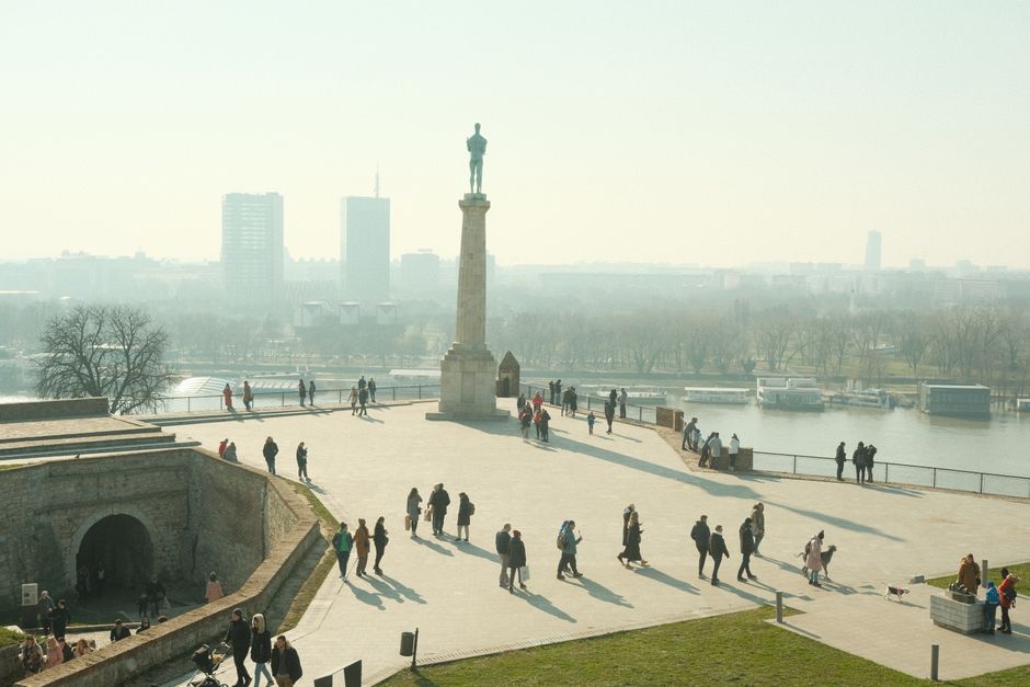 Kalemegdan Fortress Belgrade sunset view over Sava Danube confluence