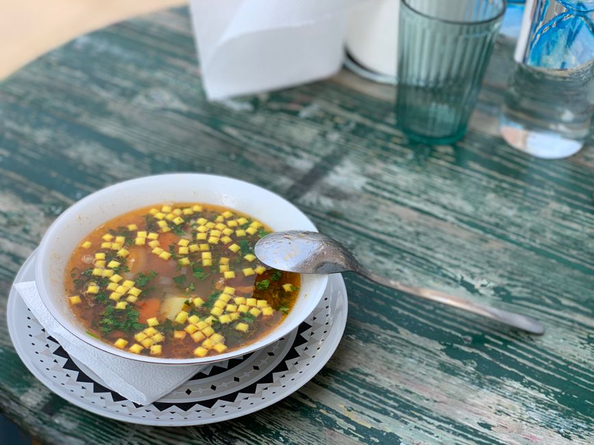 Skyra refuge dining table pasta soup coffee Mount Olympus Greece