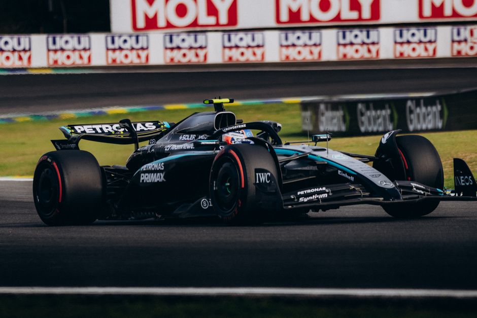 Mercedes W15 Formula 1 car on track Barcelona
