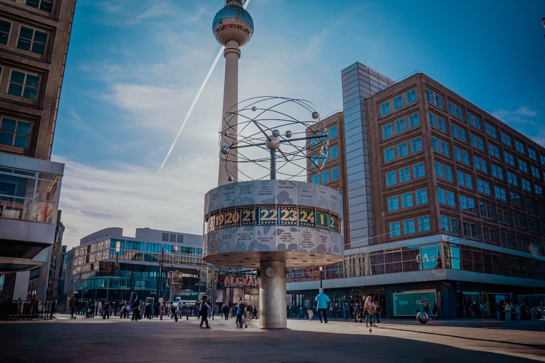 Berlin cityscape with diverse crowd in public square