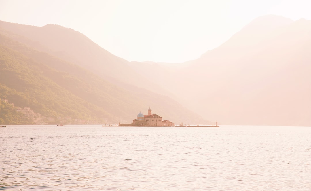 Our Lady of the Rocks island Kotor Bay kayak perspective morning mist
