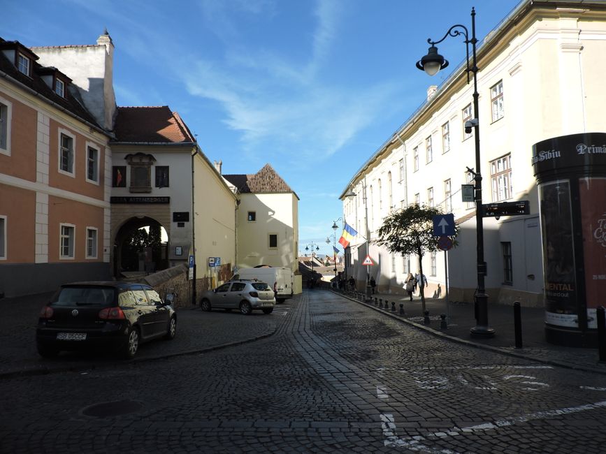 Sibiu Romania city center pedestrian street cobblestone historic buildings