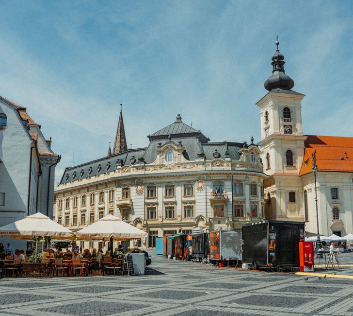 Sibiu Romania Great Square nightlife bars evening lights