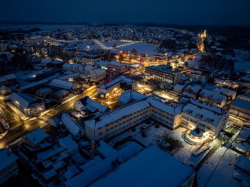 Postojna town center evening lights quiet atmosphere
