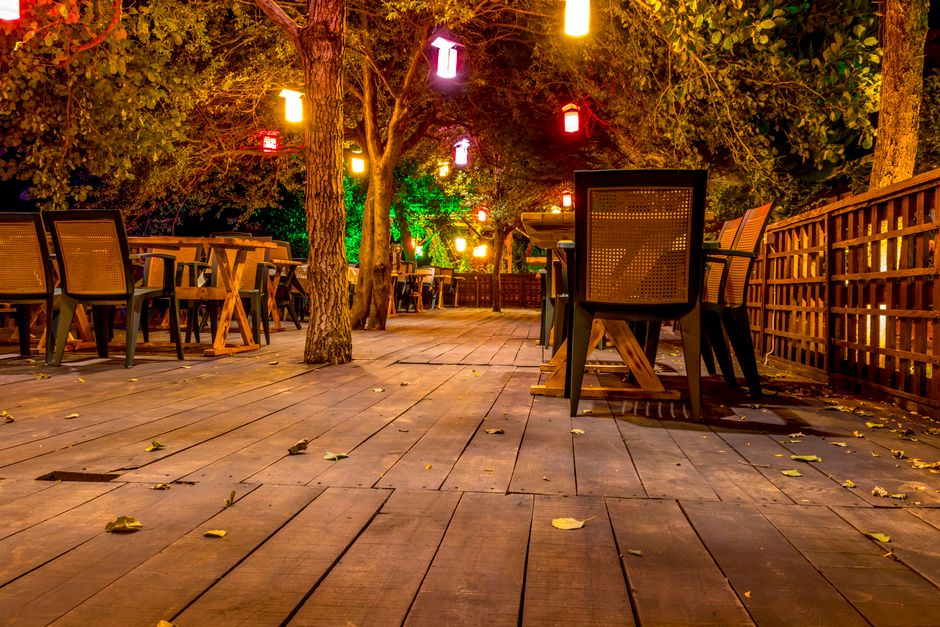Valbona Albania guesthouse terrace evening lights