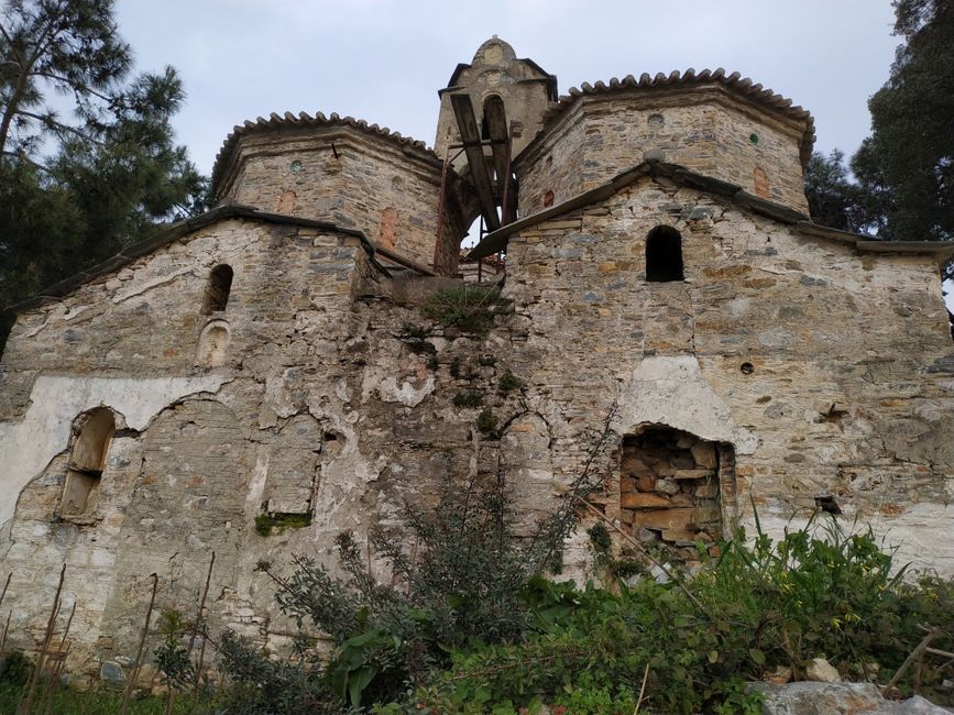 Mount Athos Greece Xenophontos Skete pine forest individual cells chapel