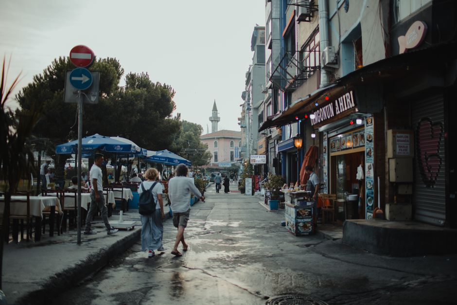 Canakkale Yeni Cami area Turkey cafes evening street scene