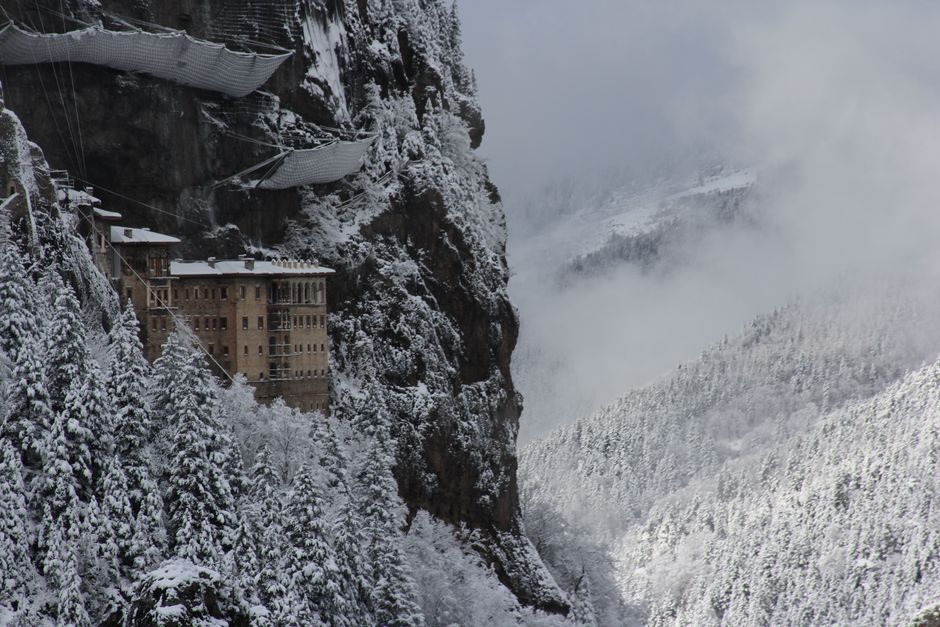 Horezu Monastery exterior winter snow mountains Oltenia