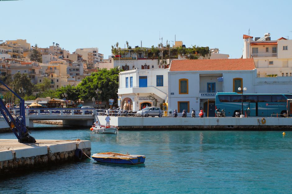 Skala Port Patmos ferries boats harbor view towards Chora