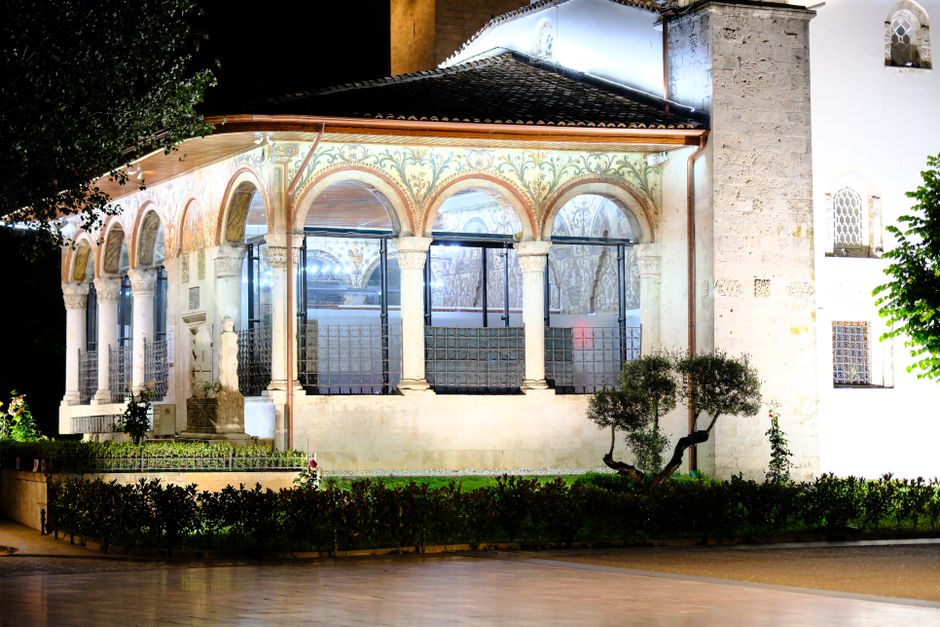 Rila Monastery night exterior lights courtyard quiet atmosphere