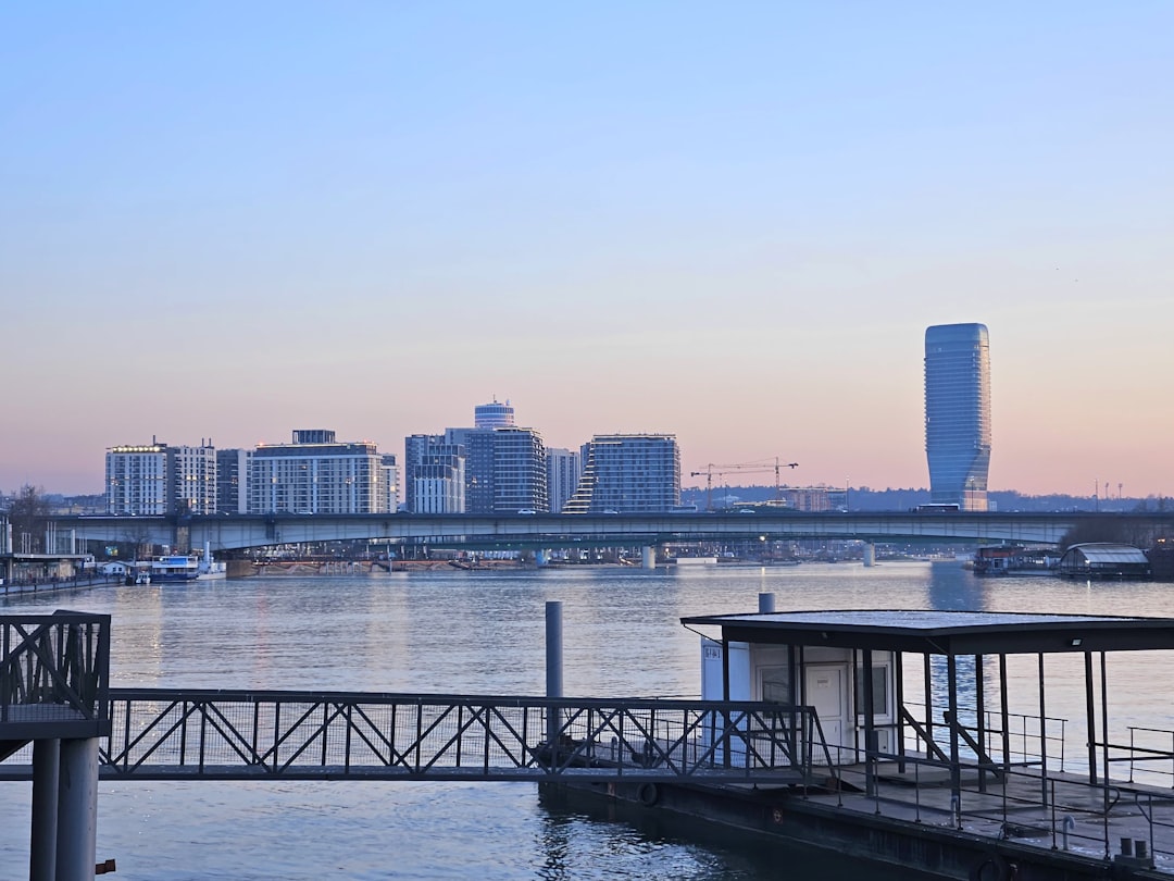 Belgrade Waterfront construction cranes sunset