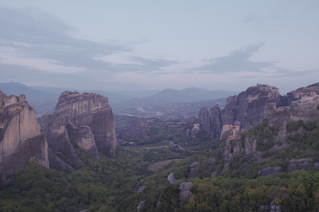 Meteora Viewpoint base panoramic sunrise stone pillars