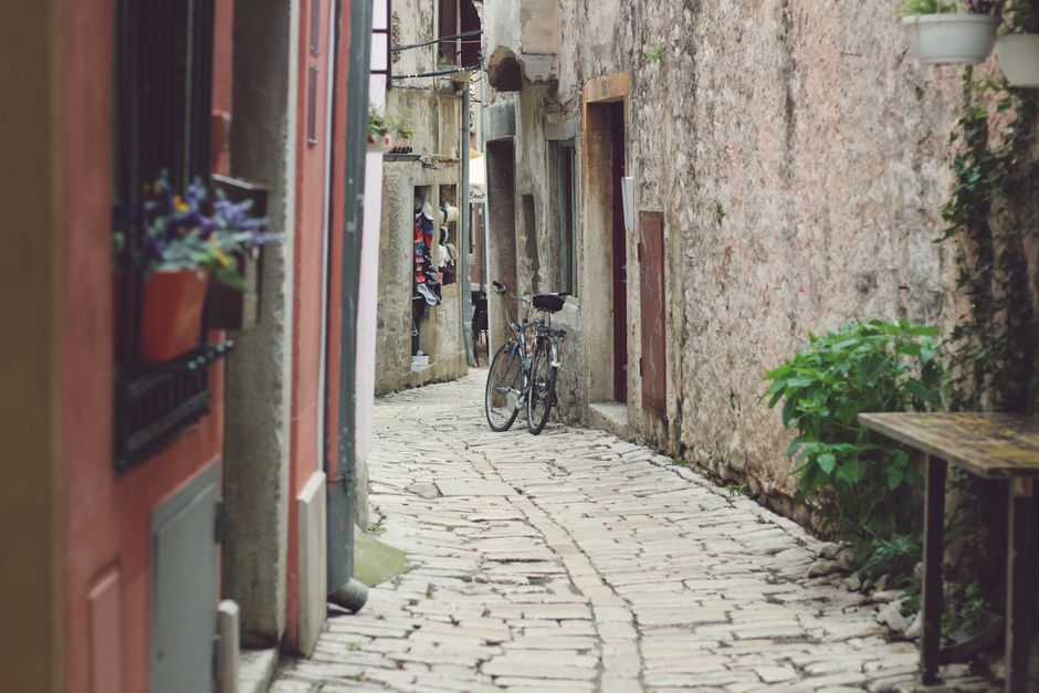 Old Town streets Rovinj narrow cobblestone alleyway colorful doors