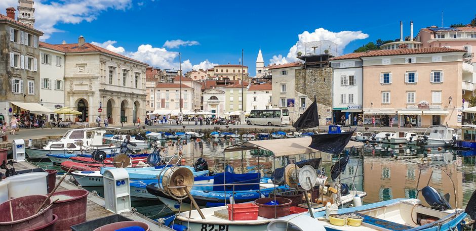 Tartini Square Piran Slovenia Cathedral of Saint George tourists cafes