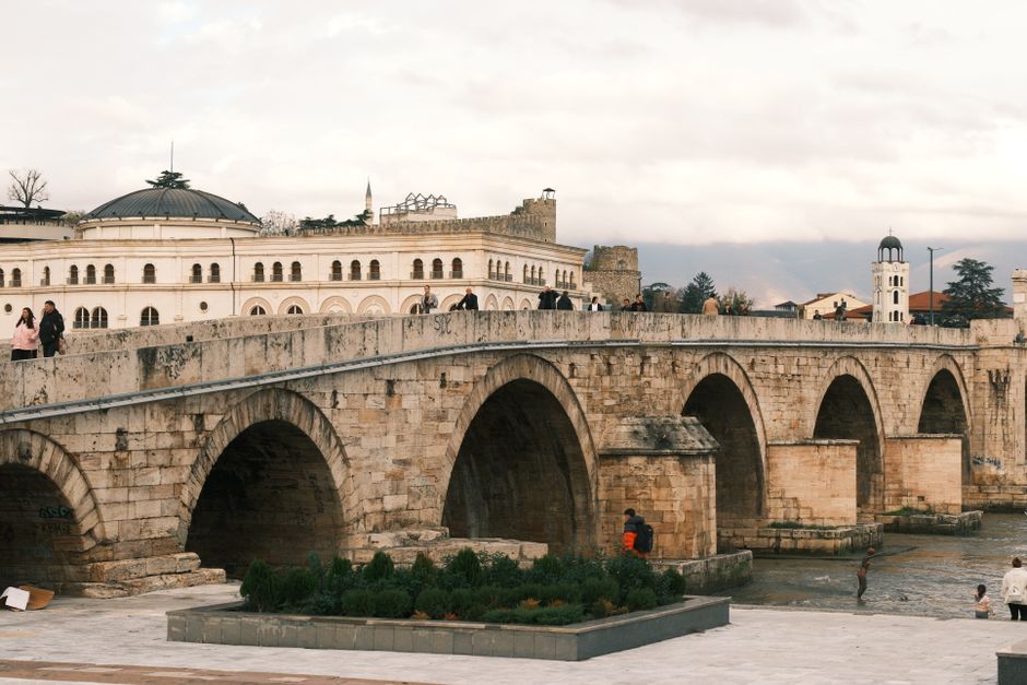 Stone Bridge Skopje Macedonia sunset Vardar River reflection
