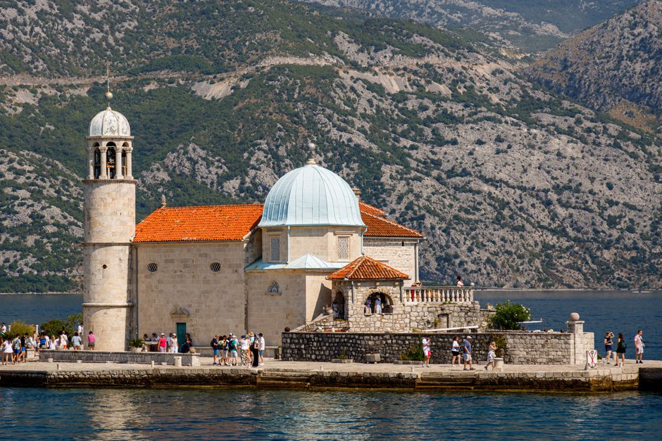 Baroque palaces Perast main street Montenegro stone facades
