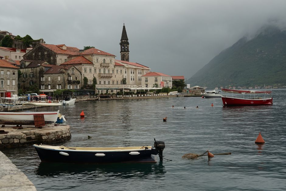 Perast waterfront baroque palaces Riva street Montenegro
