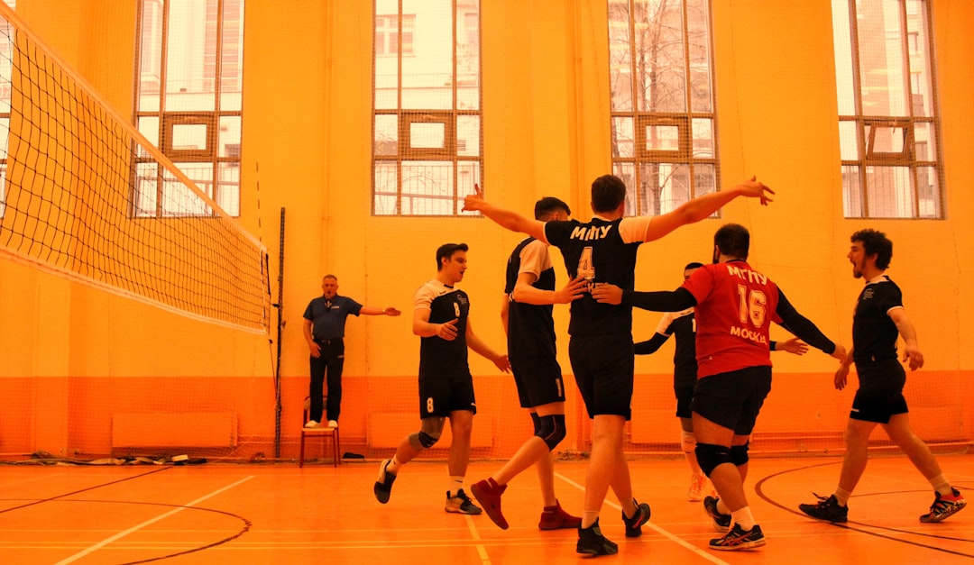 Bulgarian national volleyball team huddle during match