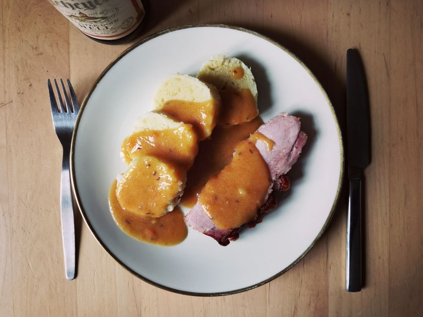 Czech food svickova beef tenderloin creamy sauce bread dumplings