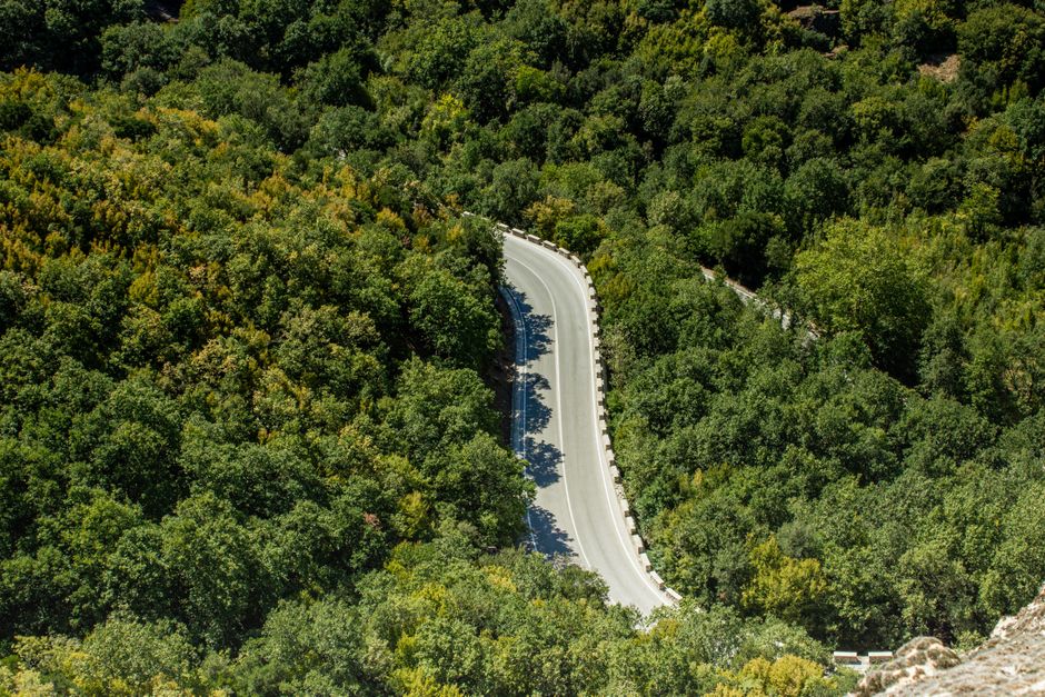 Road to Mount Athos Greece winding cliffside pine forest