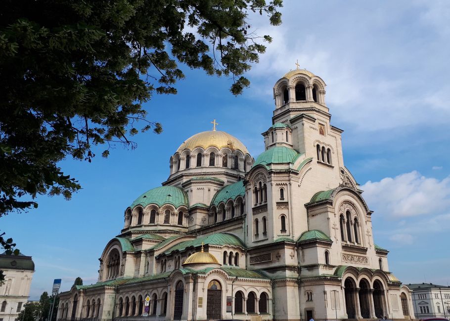 Alexander Nevsky Cathedral Sofia exterior white marble golden domes blue sky