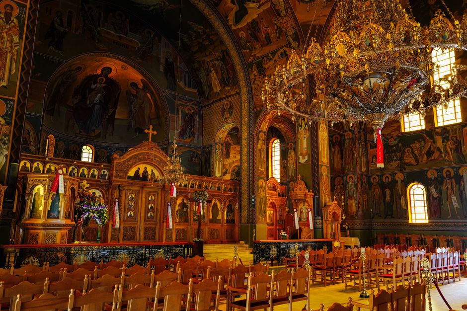 Patriarchate of Peć main church interior frescoes golden light
