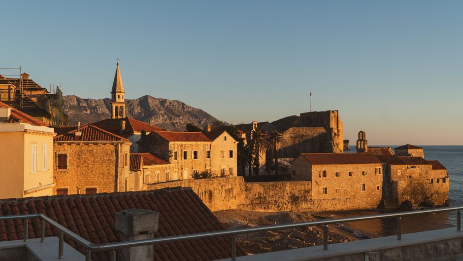 Budva Old Town Montenegro medieval walls sunset beach
