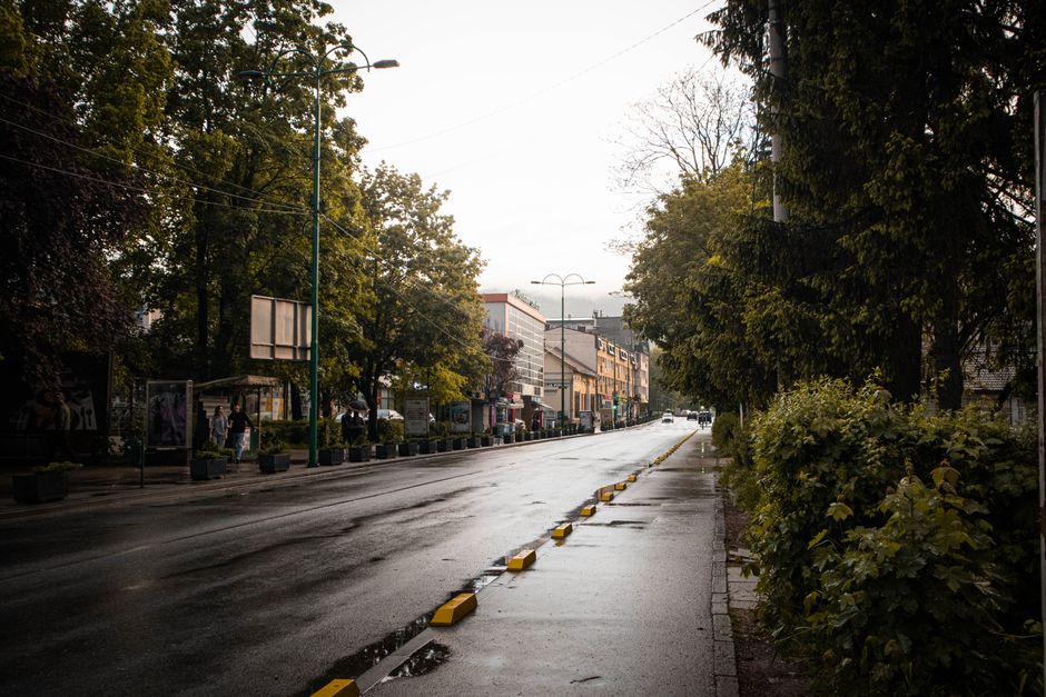 Baščaršija Sarajevo evening street lights outdoor cafes