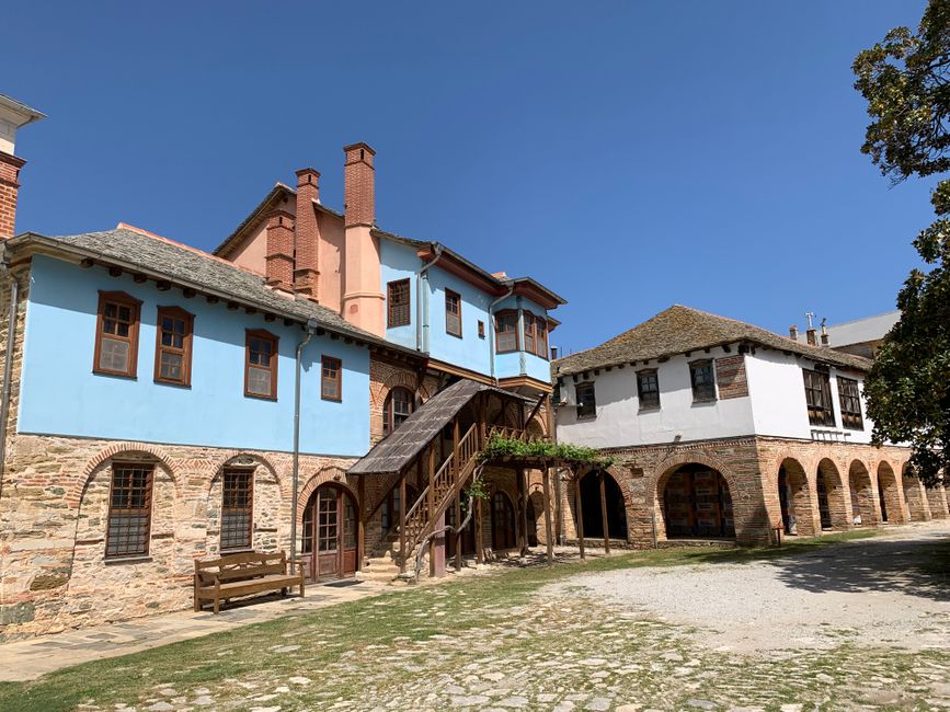 Vatopedi Monastery Mount Athos church frescoes courtyard trees