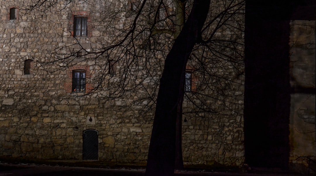 Studenica Monastery night exterior stone walls dark
