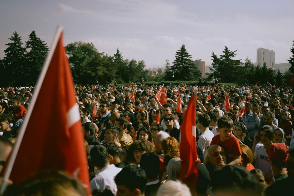 Turkish education ministry building protest crowd