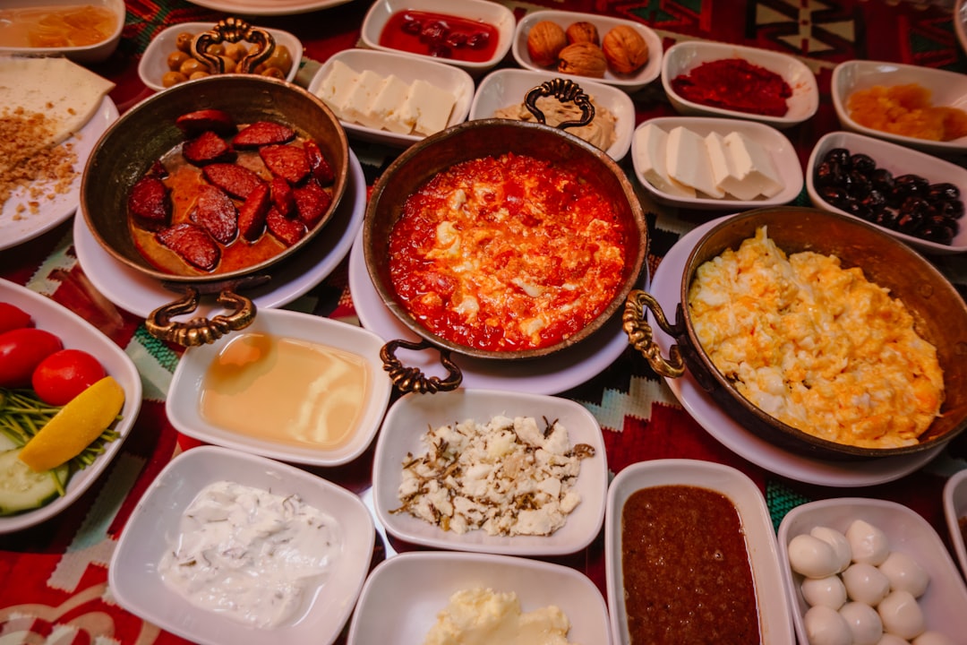 Albanian Alps traditional food byrek fli qebapa table