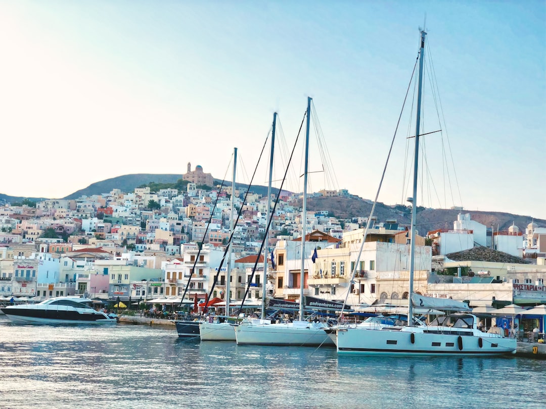 Greek island port empty boats winter season