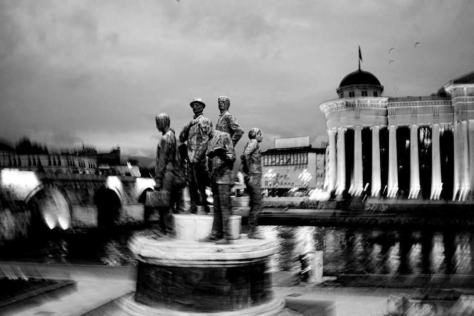 Skopje Vardar River bars nightlife evening lights