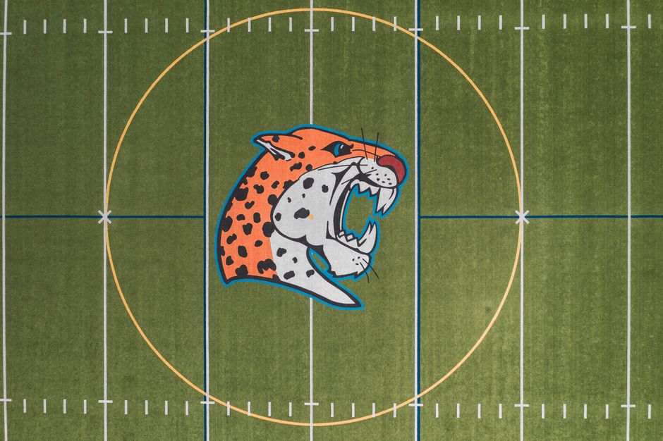 2026 World Cup logo on stadium pitch