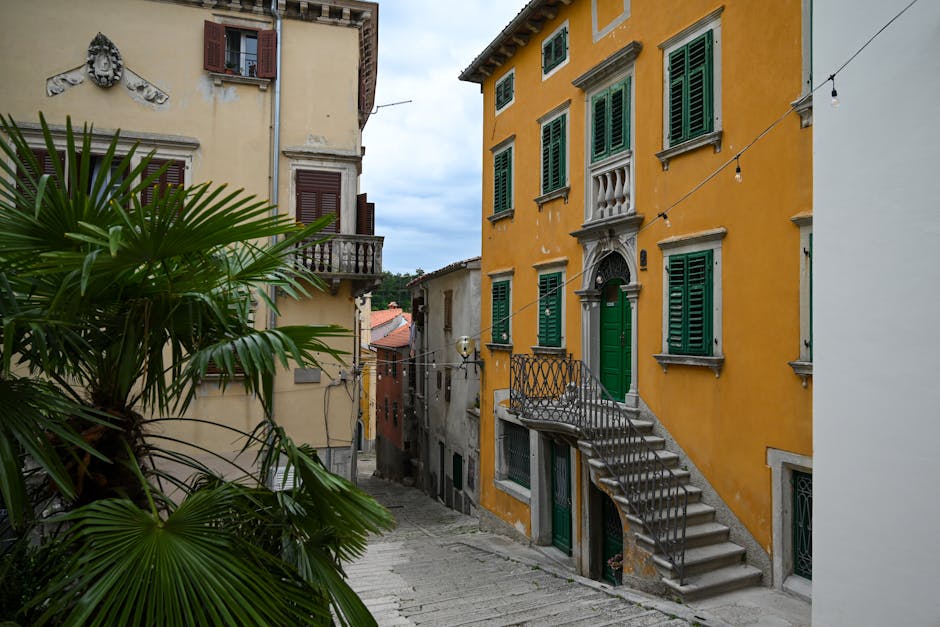 Rovinj Old Town narrow cobblestone street colorful houses