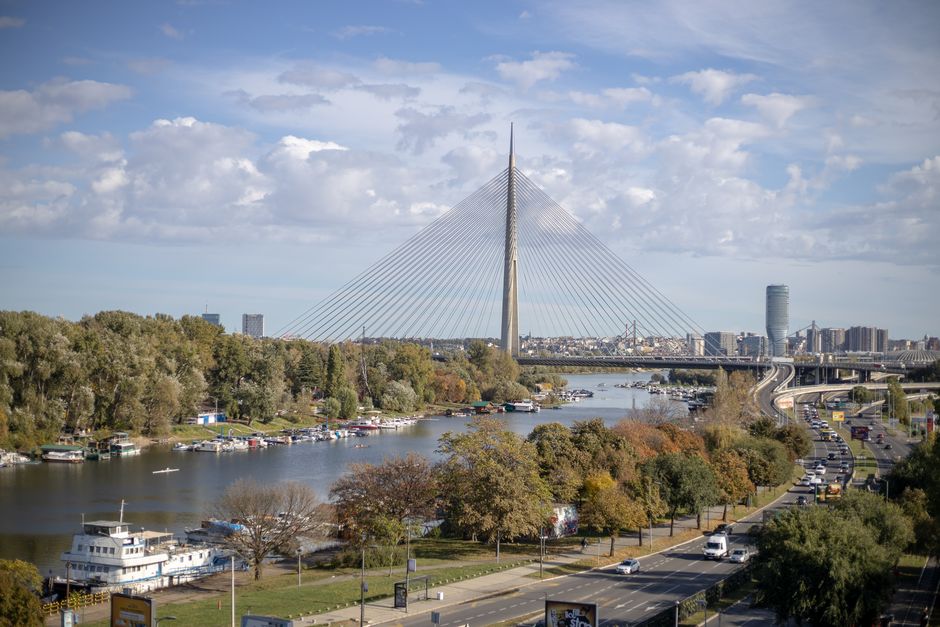 Belgrade city skyline and highway construction site