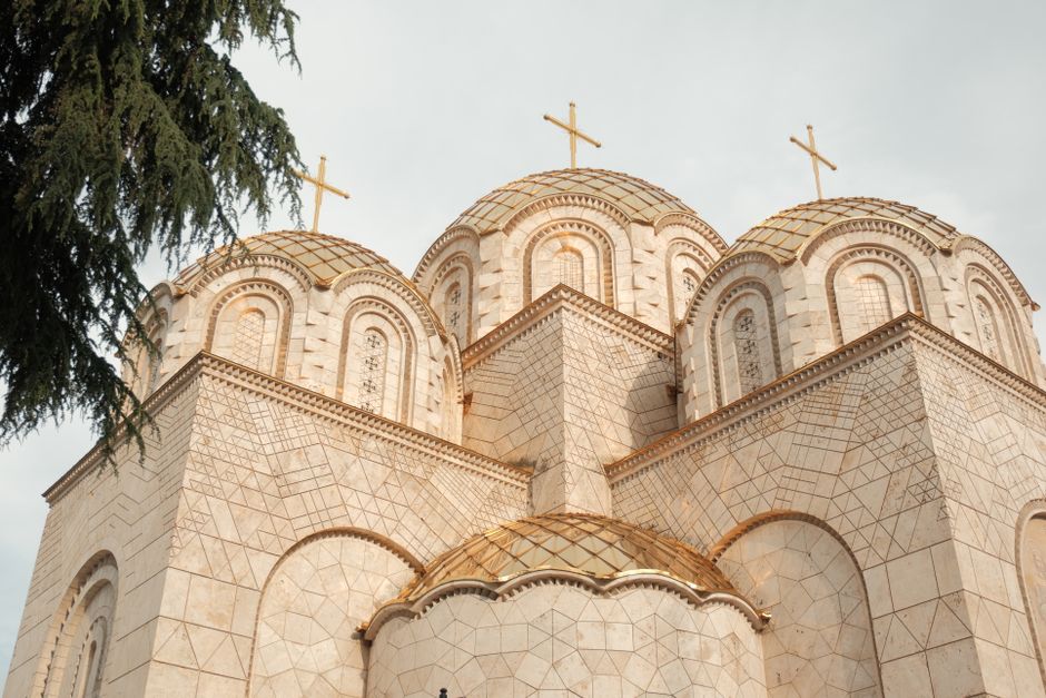 Christ the Saviour Cathedral Prizren onion domes brickwork Orthodox