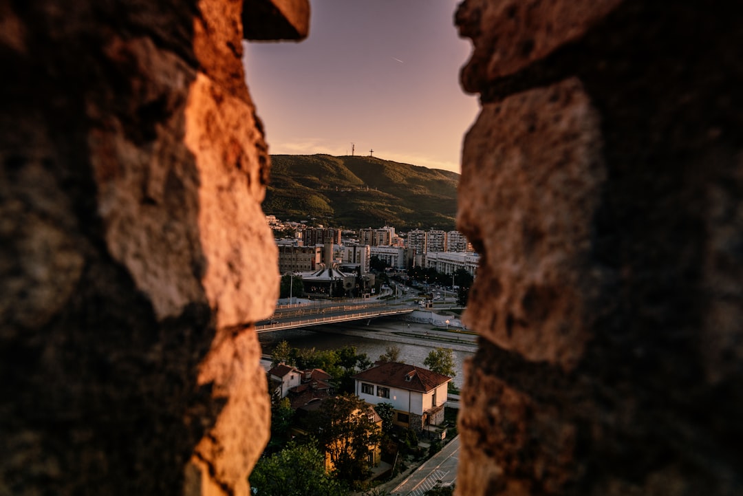 Stone Bridge Skopje Macedonia sunset river reflection