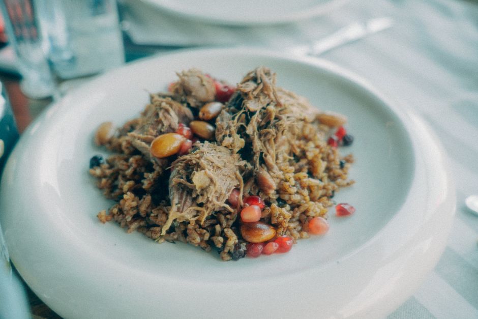 Albanian mountain food tavë kosi lamba rice yogurt dish close up