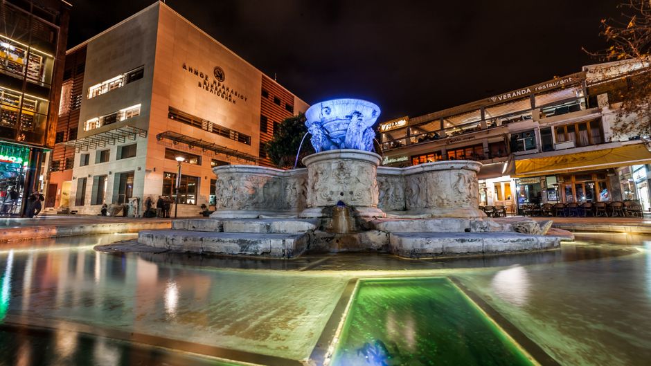 Litochoro main square Greece night lights bars